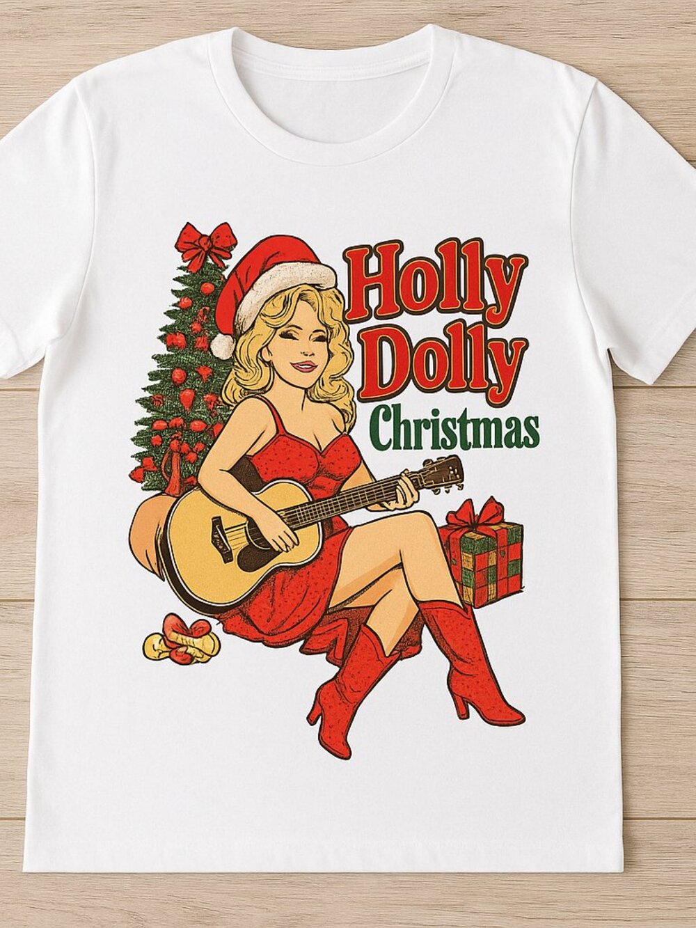 Holly Dolly Christmas Graphic T-Shirt, Retro Country Christmas Santa Girl Tee